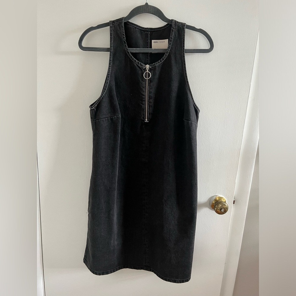 ASOS Black Denim 90s Style Front Zip Jumper Dress - Size 10